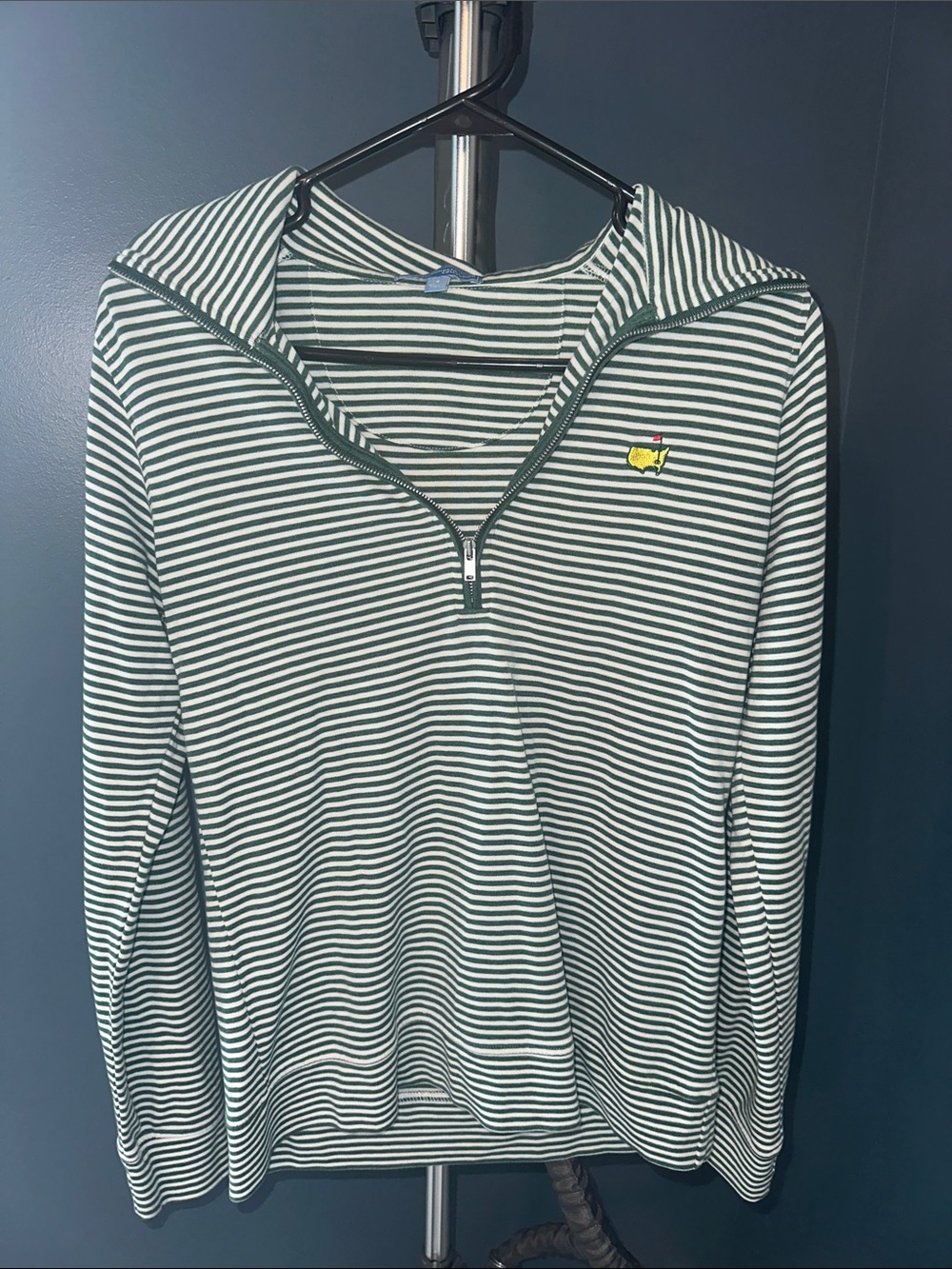 Masters Green and White Striped Half-Zip Hooded Pullover